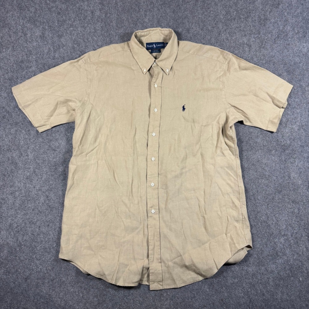 Ralph Lauren Shirt Mens M Tan Blake 100% Linen Short Sleeve Button Down Logo